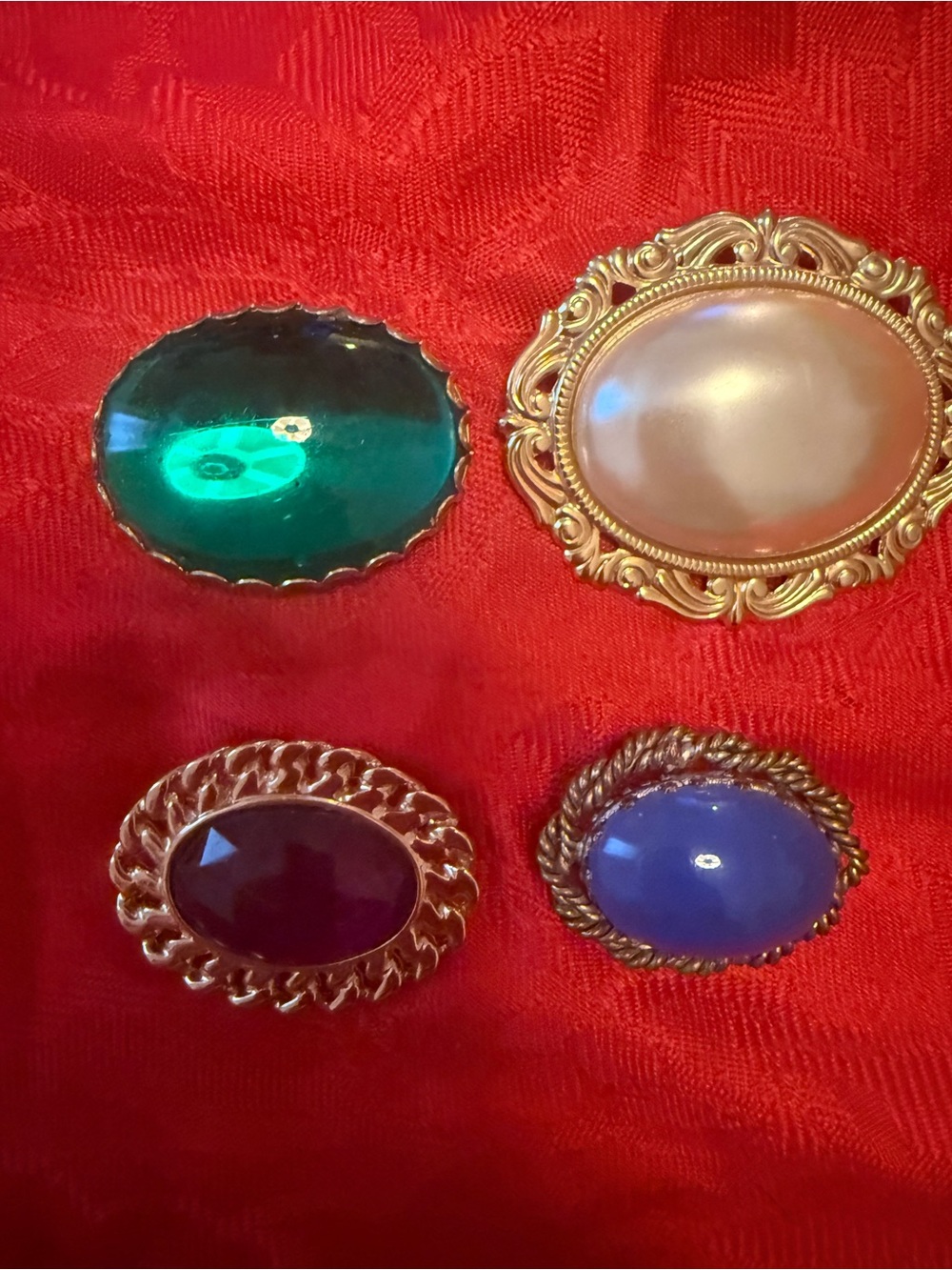 Vintage-Inspired Gold Frame Blue and Green Cabochon Brooch Set & scarf clip